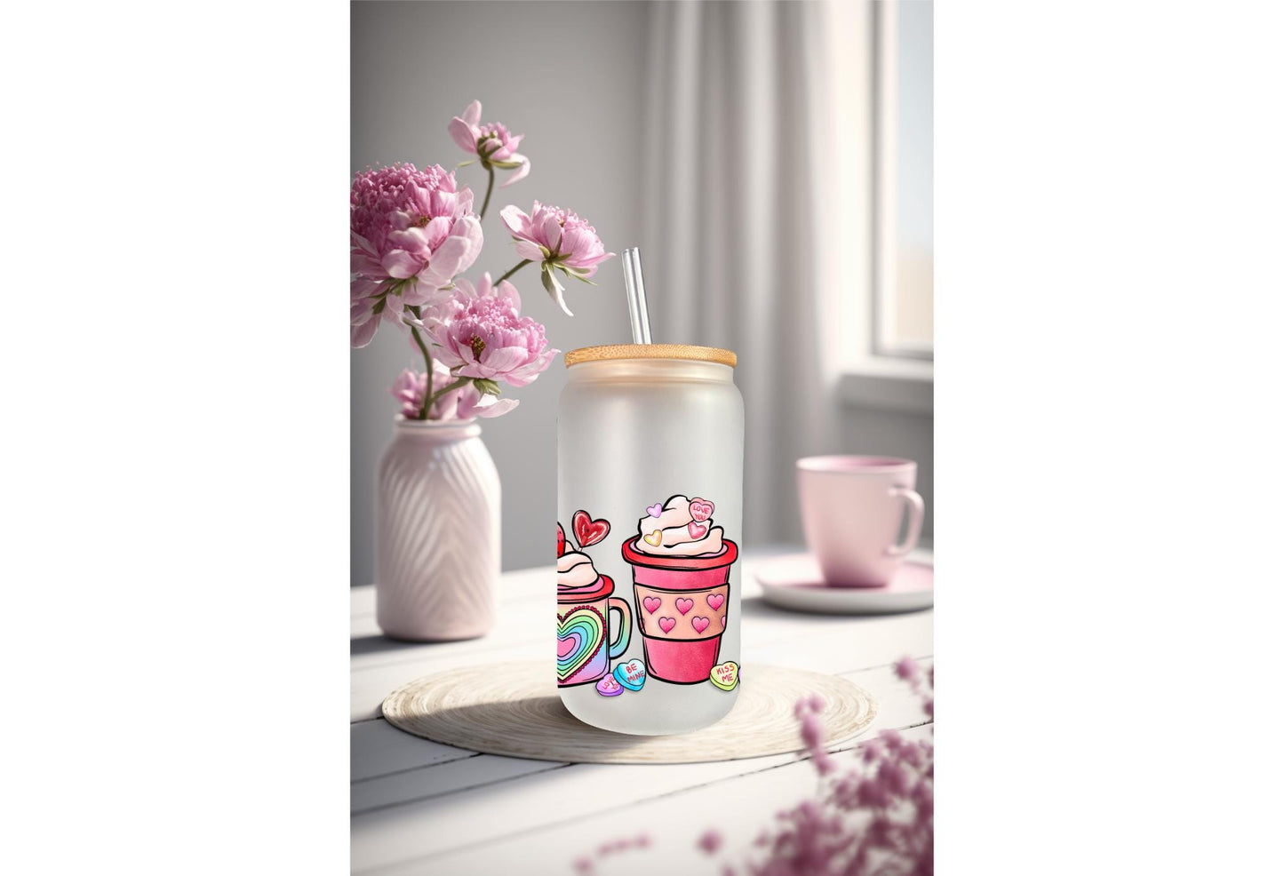 UVDTF Wrap Pink Valentines Iced Coffee Latte 16oz Can Glass Mug Tumbler, Ready to Apply, Permanent Waterproof Adhesive, Double Sided Options