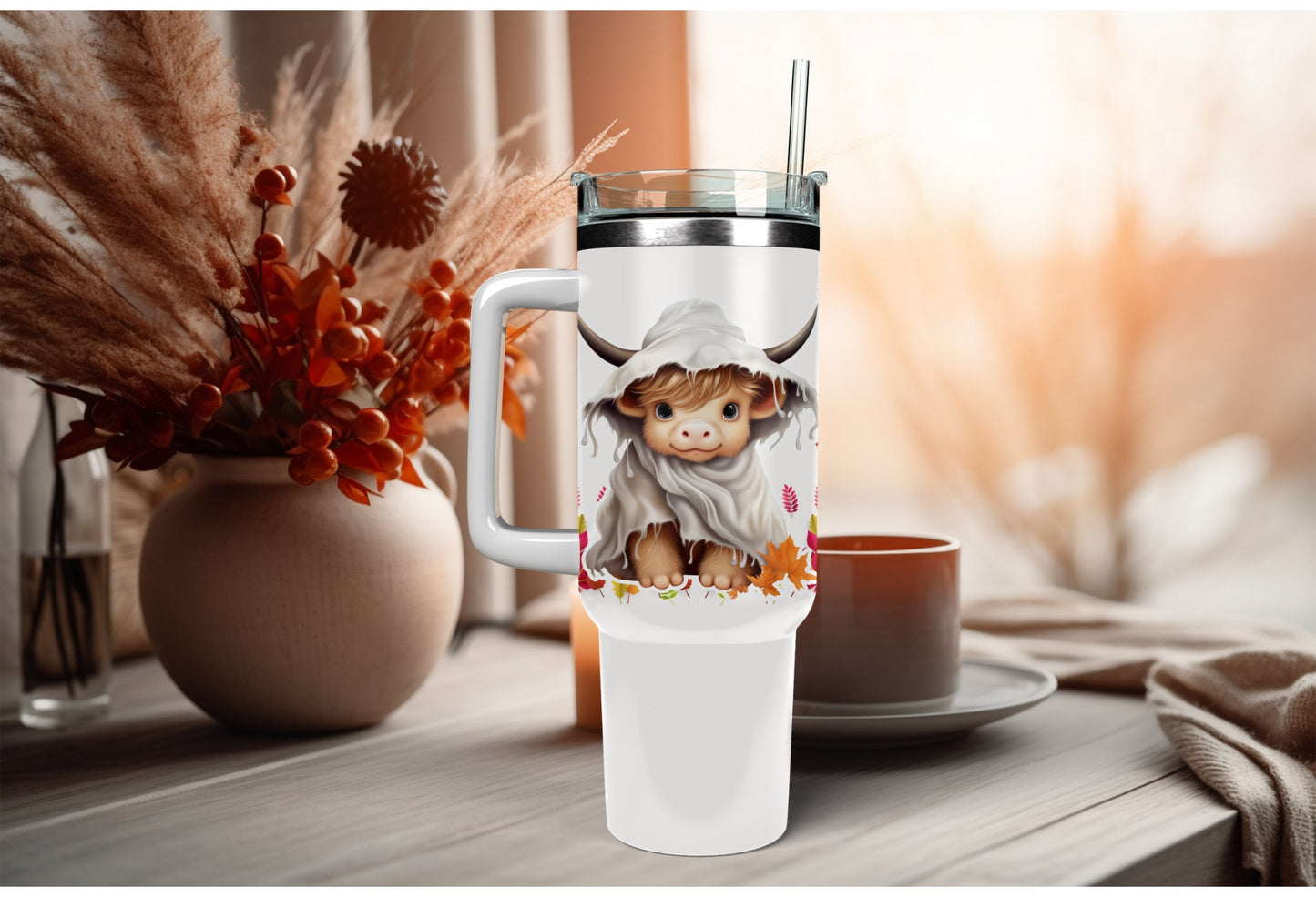 UVDTF Wrap Ghost Cow Floral 16oz Can Glass, Mug, Tumbler, Halloween Wrap, Double Sided Print Option, Ready to Apply, Permanent Adhesive