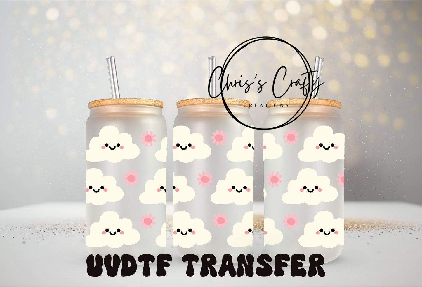 UVDTF Wrap Cute Clouds Flower 16 oz Can Glass Mug Tumbler, Ready to Apply, Permanent Waterproof Adhesive, Add on to can glass