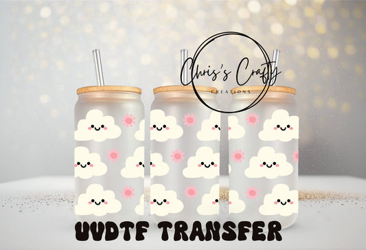 UVDTF Wrap Cute Clouds Flower 16 oz Can Glass Mug Tumbler, Ready to Apply, Permanent Waterproof Adhesive, Add on to can glass