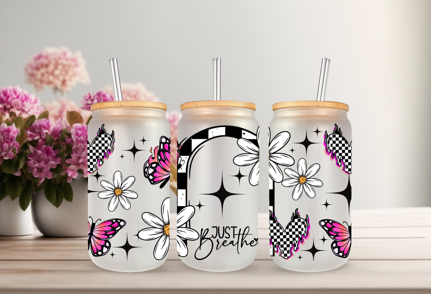UVDTF Wrap Positive Saying Floral Butterfly 16oz Can Glass Mug Tumbler, Just Breathe Wrap, Ready to Apply, Permanent Waterproof Adhesive