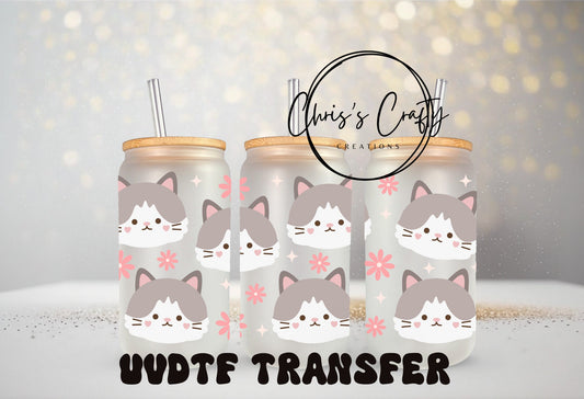 UVDTF Wrap Cute Cats Grey White 16oz Can Glass Mug Tumbler, Cat Wrap, Ready to apply, Permanent Waterproof Adhesive, Double Sided Option