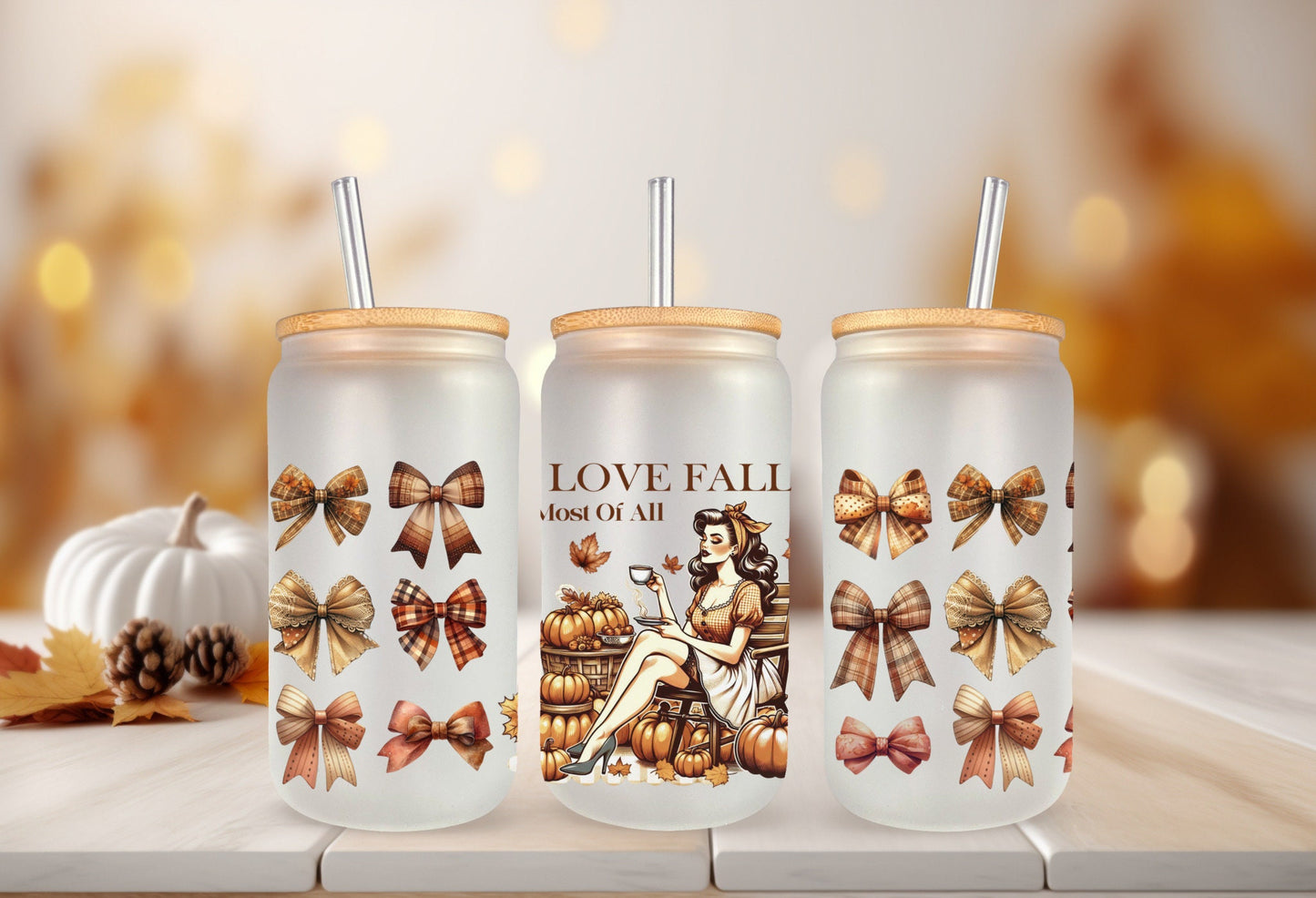 UVDTF Wrap I Love Fall Vintage Girl Coquette Bows for 16oz Can Glass Mug Tumbler, Ready to apply, Permanent Waterproof Adhesive