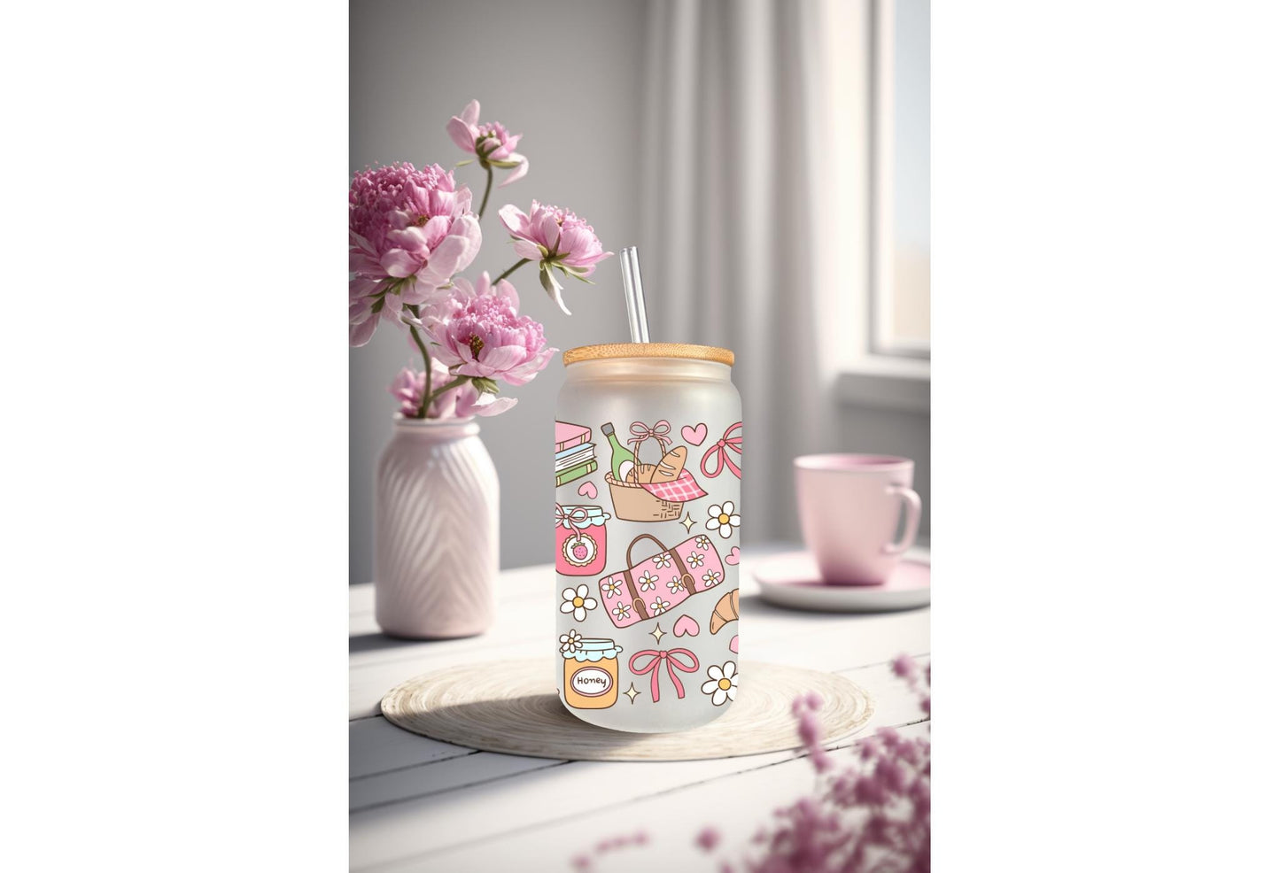 UVDTF Wrap Spring Picnic Sourdough 16oz Can Glass Mug Tumbler, Spring Picnic Wrap, Ready to apply, Permanent Waterproof Adhesive