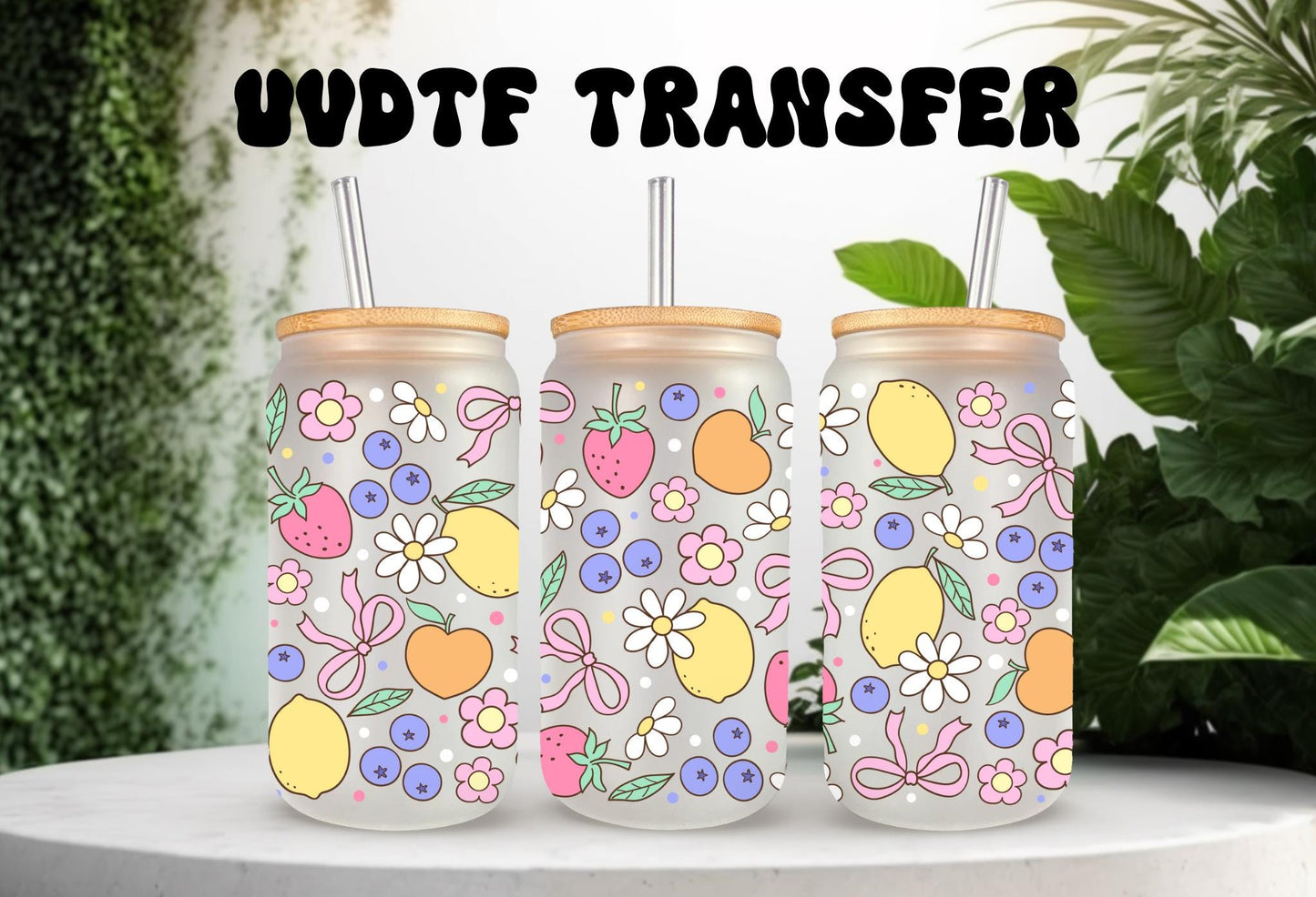 UVDTF Wrap Lemon Strawberry Blueberry Daisy Bow 16oz Can Glass Mug Tumbler, Ready to apply, Permanent Waterproof Adhesive