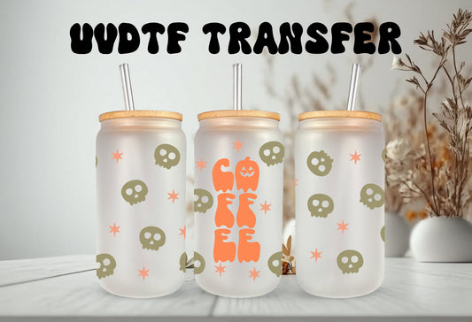 UVDTF  Wrap Skull Coffee Pumpkin for 16oz Can Glass, Mug, or Tumbler, Halloween Candy, Ready to apply, Permanent Adhesive Waterproof