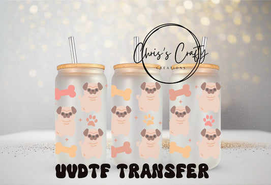 UVDTF Wrap Pug Dog Bone 16oz Can Glass Mug Tumbler, Dog Wrap, Ready to Apply, Permanent Waterproof Adhesive