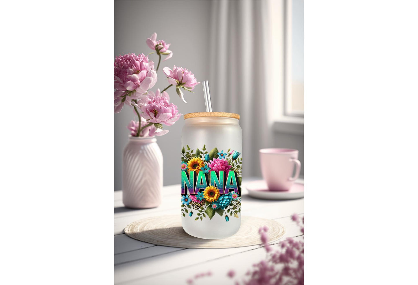 UVDTF Wrap Floral Nana for 16oz Can Glass Mug Tumbler, Grandmother Wrap, Ready to Apply, Permanent Waterproof Adhesive