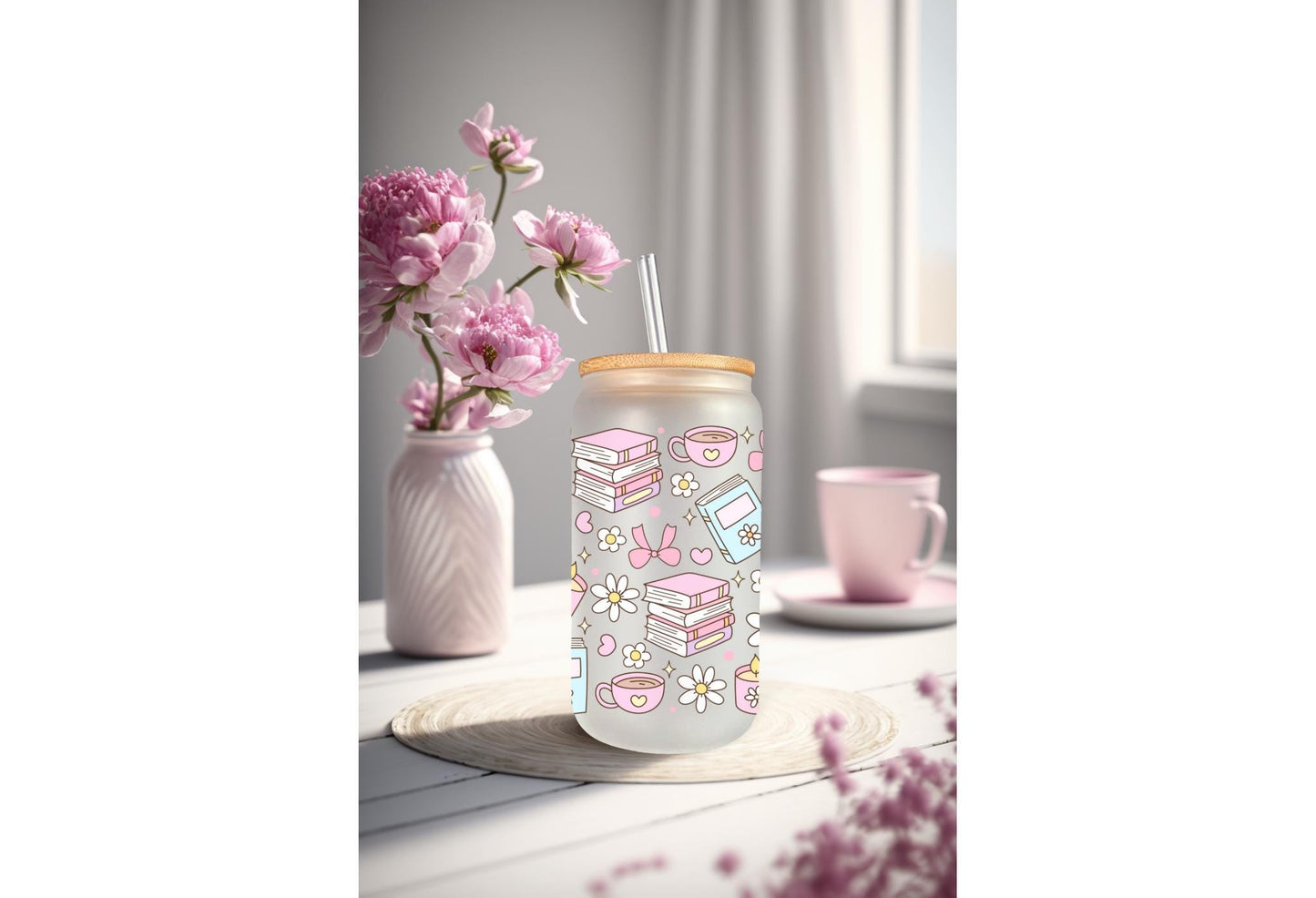 UVDTF Wrap Books Daisy Bow 16oz Can Glass Mug Tumbler, Ready to Apply, Permanent Waterproof Adhesive