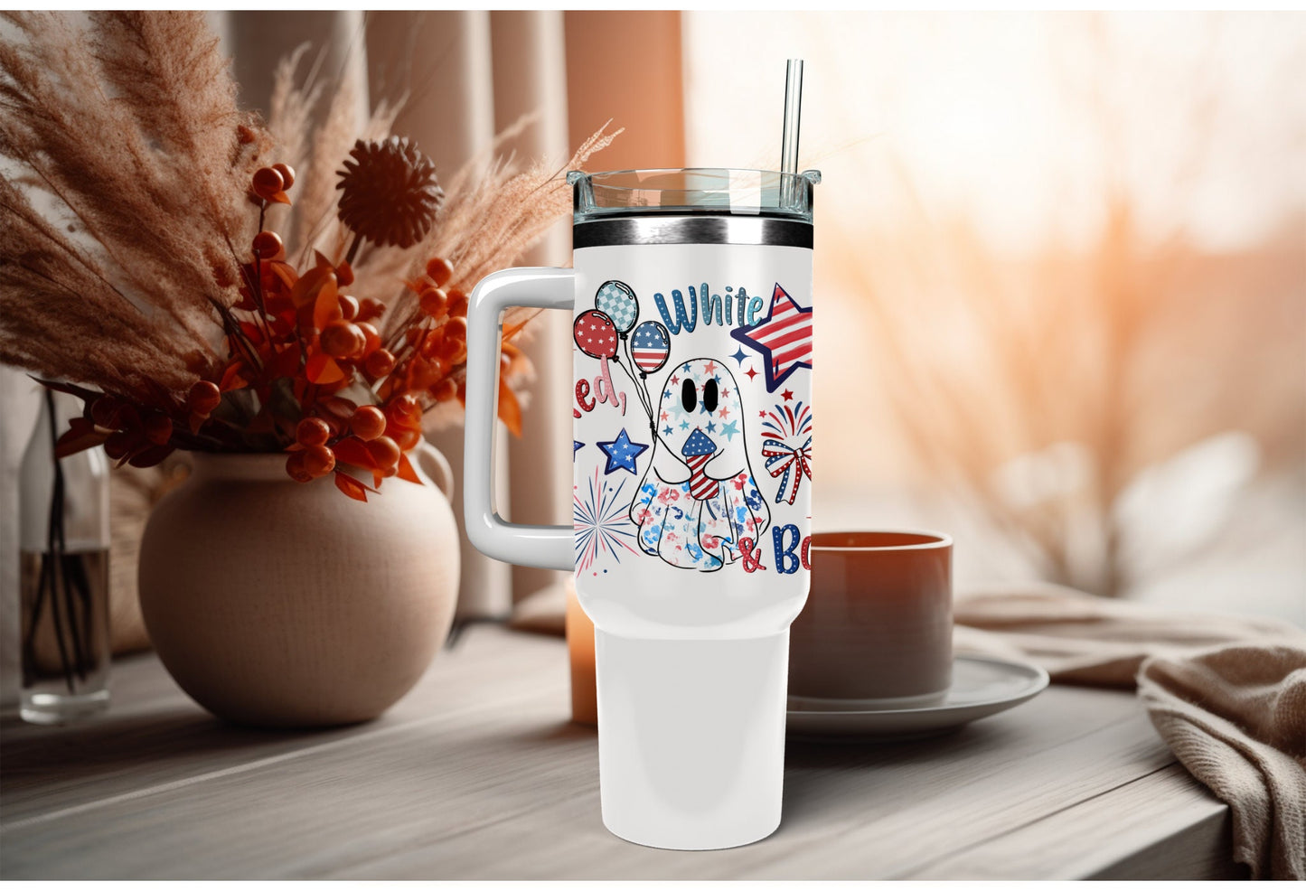 UVDTF Decal Red White Boo Ghost 16oz Can Glass or 40oz Tumbler, Patriotic ghost, Ready to Apply, Permanent Waterproof Adhesive, add on a cup