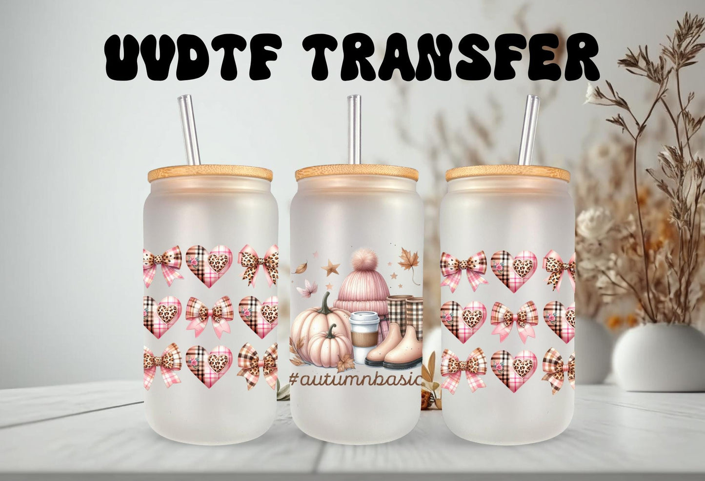 UVDTF Wrap Autumn Basics Coquette Bows Plaid Hearts for 16oz Can Glass Mug Tumbler,  Ready to Apply, Permanent Waterproof Adhesive