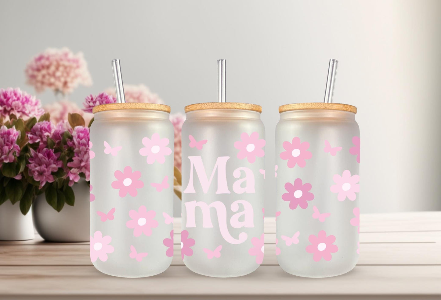 UVDTF Wrap Mama Floral Butterfly 16oz Can Glass Mug Tumbler, Ready to Apply, Permanent Waterproof Adhesive, Mom Gift
