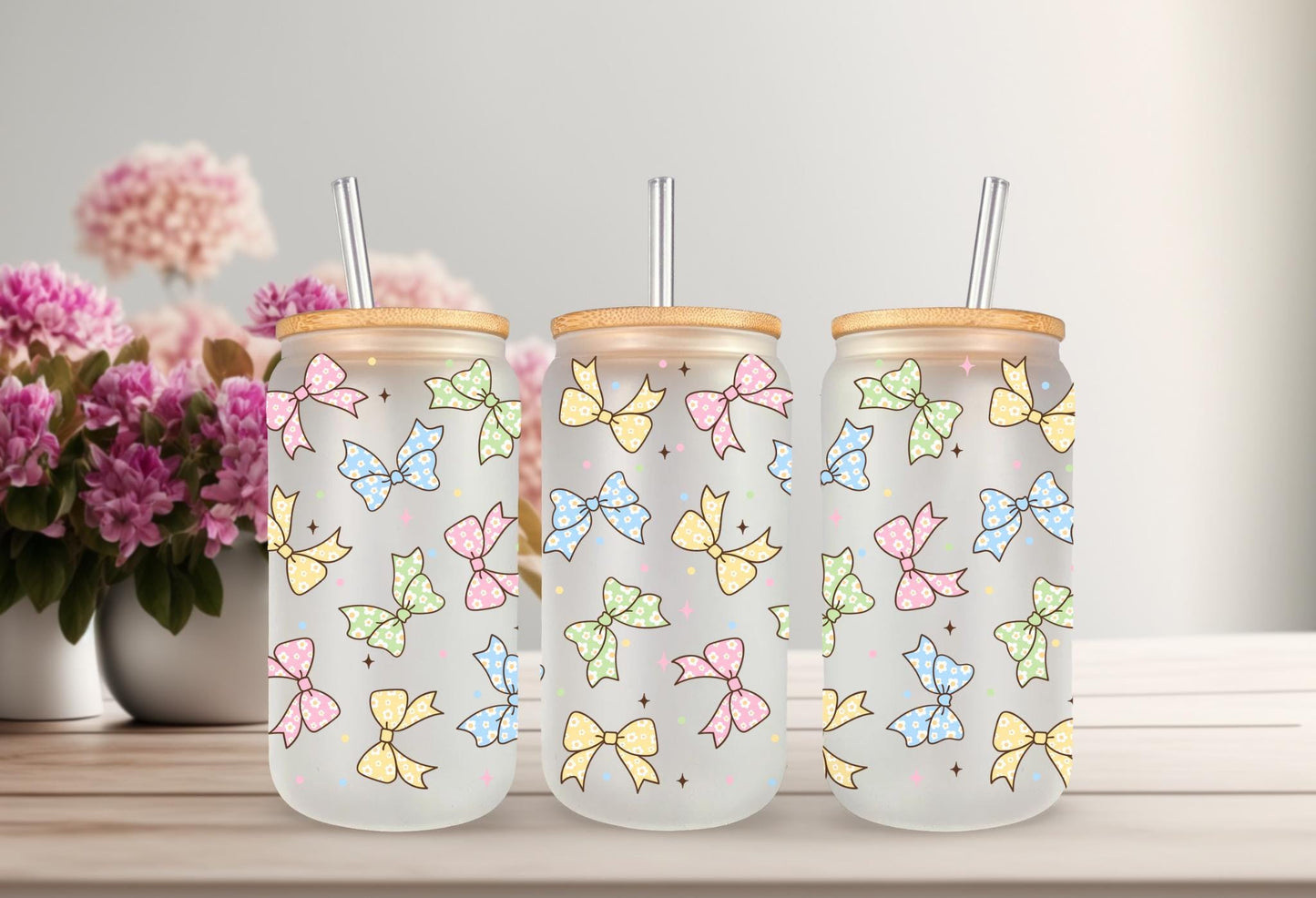 UVDTF Wrap Pastel Coquette Bow 16oz Can Glass Mug Tumbler, Ready to apply, Permanent Waterproof Adhesive
