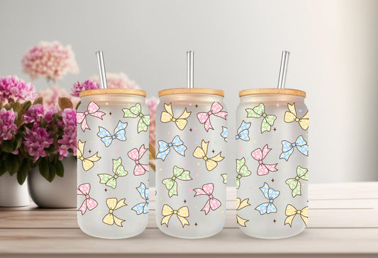 UVDTF Wrap Pastel Coquette Bow 16oz Can Glass Mug Tumbler, Ready to apply, Permanent Waterproof Adhesive