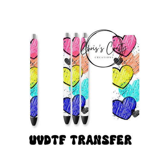 UVDTF Pen Wrap Rainbow Hearts, Ready to Apply, Permanent Waterproof Adhesive
