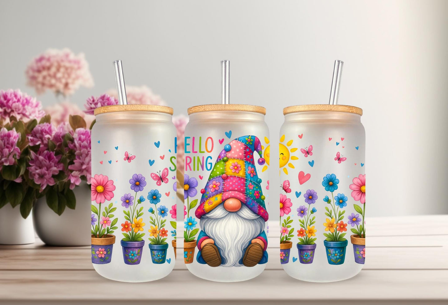 UVDTF Wrap Gnome Hello Spring 16oz Can Glass Mug Tumbler Wrap, Gnome Wrap, Ready to apply, Permanent Waterproof Adhesive