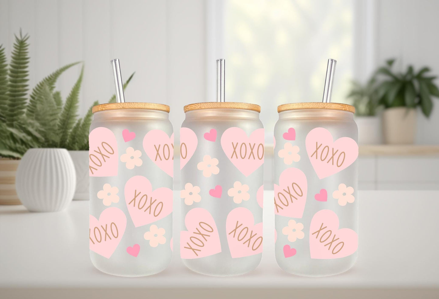 UVDTF Wrap Heart XOXO Valentine’s Floral 16oz Can Glass Mug Tumbler, Ready to Apply, Permanent Waterproof Adhesive