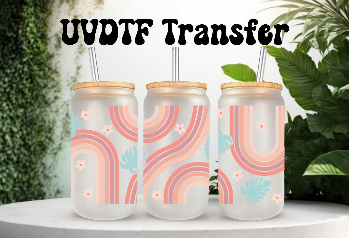 UVDTF Wrap Boho Rainbow Monstera for 16oz Can Glass Mug Tumbler, Ready to Apply, Permanent Waterproof Adhesive, Double Sided Print Option