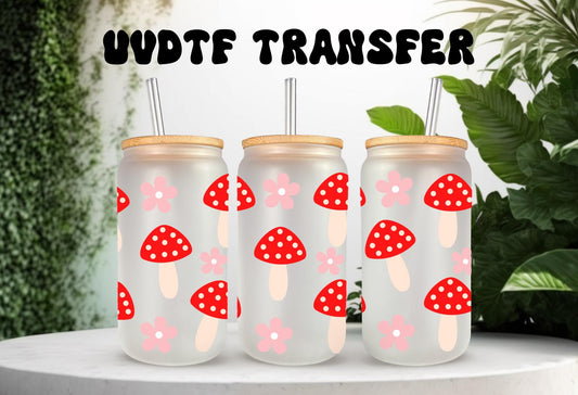 UVDTF Wrap Red Mushrooms Floral 16oz Can Glass Mug Tumbler, Mushroom Floral Wrap, Ready to apply, Permanent Waterproof Adhesive