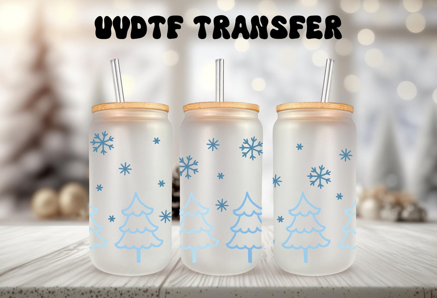 UVDTF Wrap Blue Snowflakes Trees 16oz Can Glass Mug Tumbler,, Ready to Apply, Permanent Waterproof Adhesive