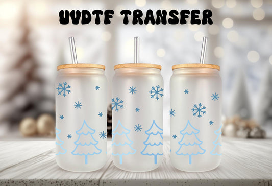 UVDTF Wrap Blue Snowflakes Trees 16oz Can Glass Mug Tumbler,, Ready to Apply, Permanent Waterproof Adhesive