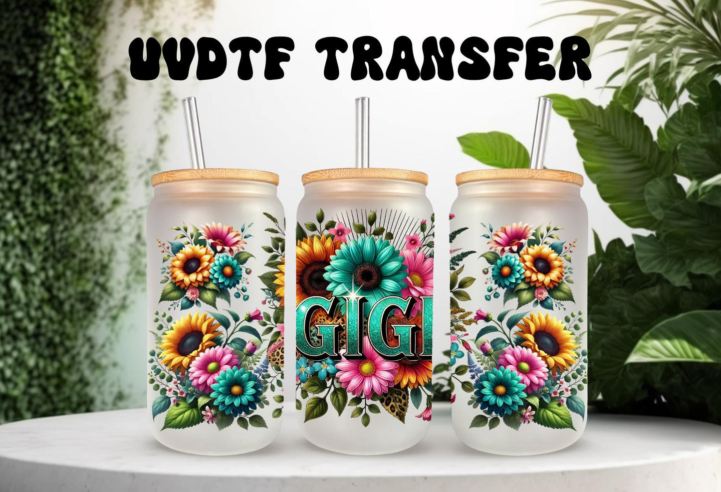 UVDTF Wrap Floral Gigi for 16oz Can Glass Mug Tumbler, Grandmother Wrap, Ready to Apply, Permanent Waterproof Adhesive