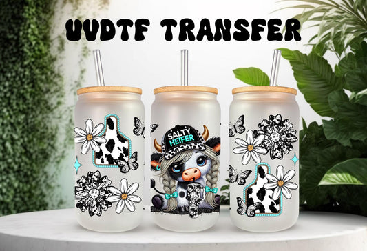 UVDTF Wrap Highland Cow Salty Heifer 16oz Can Glass Mug Tumbler Wrap, Cow Print, Ready to apply, Permanent Waterproof Adhesive