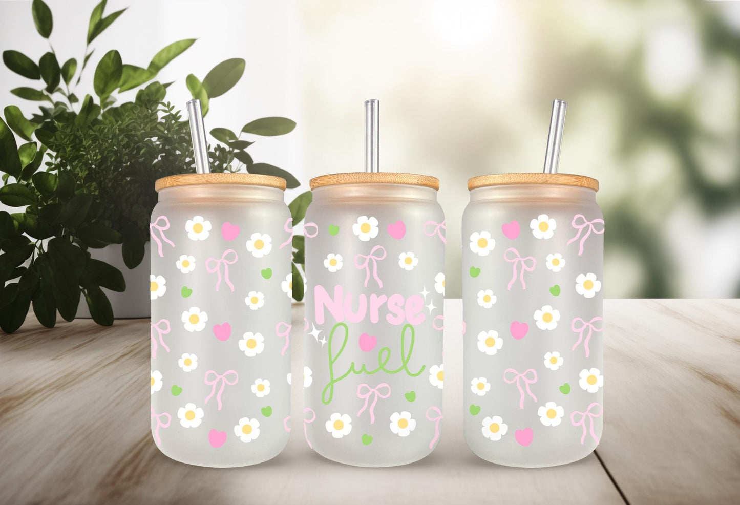 UVDTF Wrap Nurse Fuel Pastel Bow 16oz Can Glass Mug Tumbler, Medical Wrap, Ready to Apply, Permanent Waterproof Adhesive
