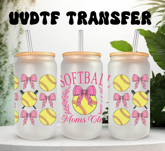 UVDTF Wrap Softball Mom’s Club Coquettes Bows 16oz Can Glass Mug Tumbler, Softball Wrap, Ready to apply, Permanent Waterproof Adhesive