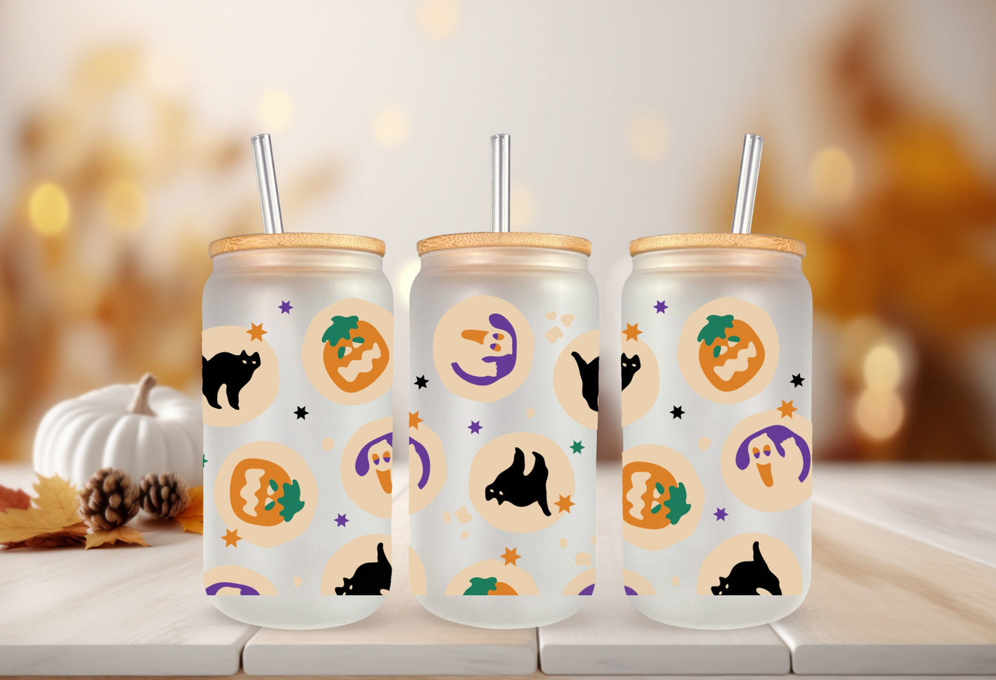 UVDTF Wrap Halloween Ghost Pumpkin Cat Cookies for 16oz Can Glass Mug Tumbler, Ready to Apply, Permanent Waterproof Adhesive