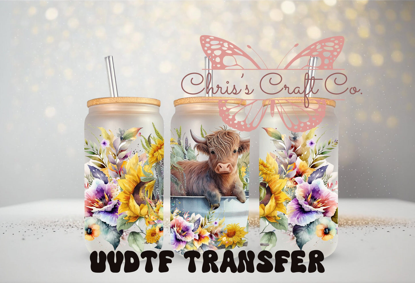 UVDTF Wrap Flower Highland Cow Tin Tub 16oz Can Glass Mug Tumbler, Ready to Apply, Permanent Waterproof Adhesive