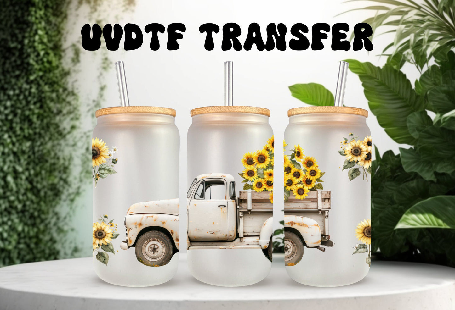 UVDTF Wrap Sunflower Vintage Truck Fall 16 oz Can Glass, Mug, Tumbler, Double Sided Print Option, Ready to Apply, Permanent Adhesive