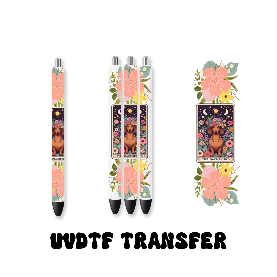 UVDTF Pen Wrap Dachshund Tarot Card Retro Flower, Dog Pen wrap, Pen Wrap, Epoxy Pen Wrap, Ink Joy Pen Wrap, Permanent Waterproof Adhesive