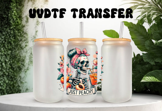 UVDTF Decal Retro Skeleton Just Peachy 16oz Can Glass Mug Tumbler or Mug, Ready to Apply, Permanent Waterproof Adhesive, add on a cup