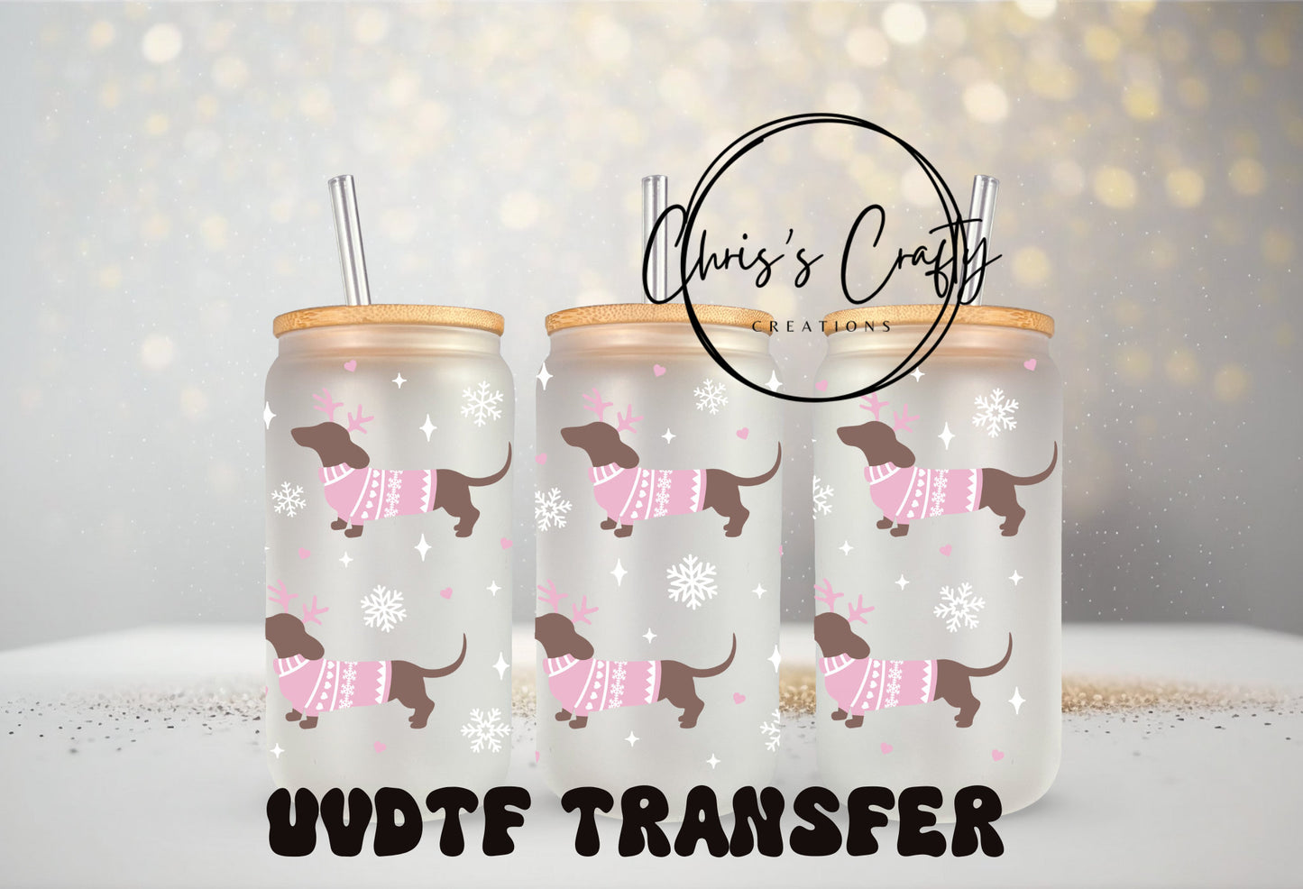 UVDTF Wrap Reindeer Dachshund Weiner Dog for 16oz Can Glass, Mug, Tumbler, Ready to Apply, Permanent Waterproof Adhesive