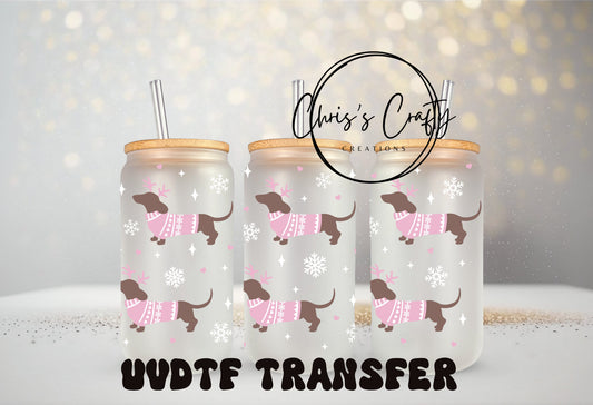 UVDTF Wrap Reindeer Dachshund Weiner Dog for 16oz Can Glass, Mug, Tumbler, Ready to Apply, Permanent Waterproof Adhesive