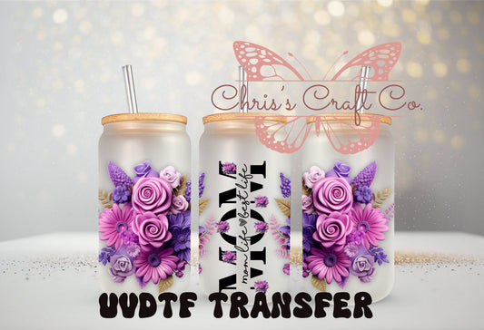 UVDTF Wrap Floral Mom 16oz Can Glass Mug Tumbler, Ready to apply, Permanent Waterproof Adhesive