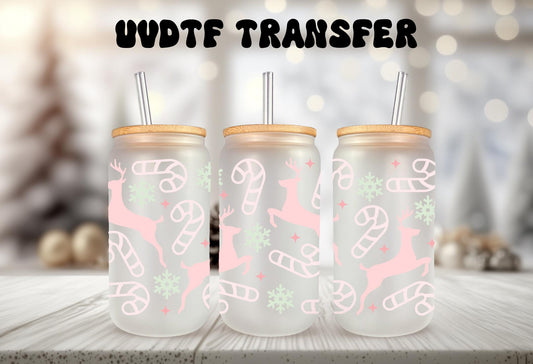 UVDTF Wrap Pastel Reindeer Candy 16oz Can Glass Mug Tumbler, Ready to Apply, Permanent Waterproof Adhesive
