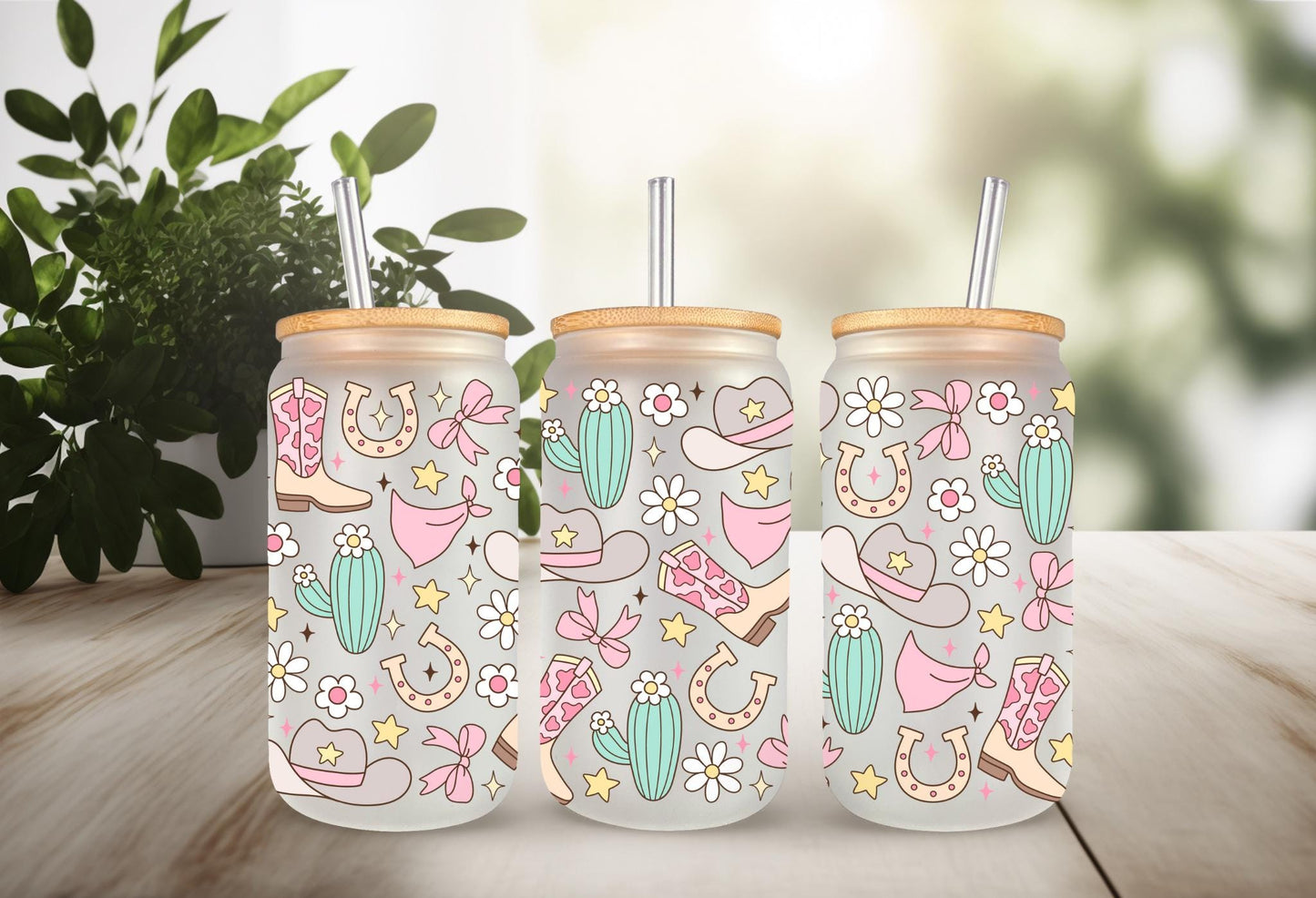 UVDTF Wrap Pastel Bow Cowgirl for 16oz Can Glass Mug Tumbler, Daisy Wrap, Ready to Apply, Permanent Waterproof Adhesive
