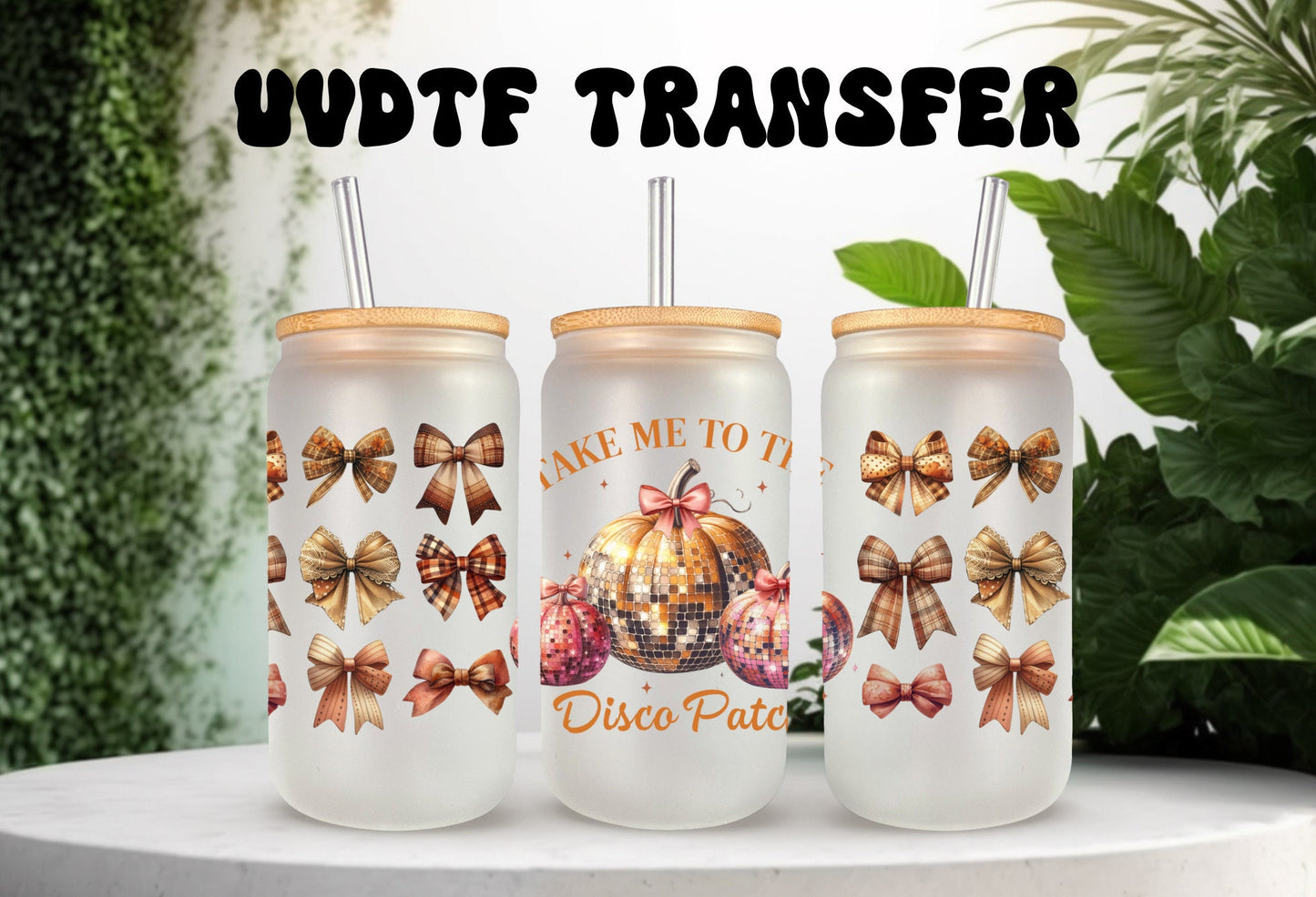 UVDTF Wrap Pumpkin Take Me to the Disco Patch for 16oz Can Glass Mug Tumbler, Ready to apply, Permanent Waterproof Adhesive, Double Sided option