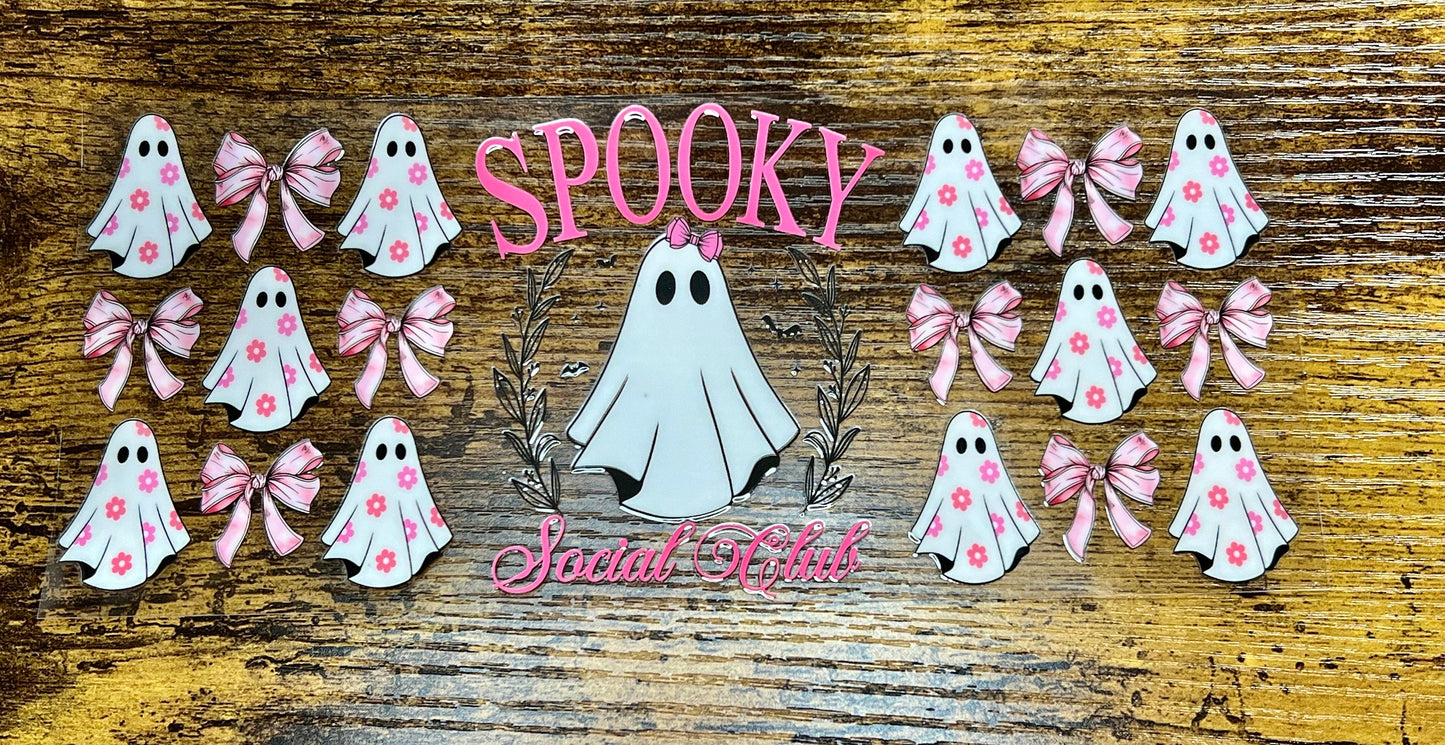 UVDTF Wrap Spooky Ghost Social Club Pink Coquettes Bows 16oz Can Glass, Mug, Tumbler, Ready to Apply, Permanent Waterproof Adhesive