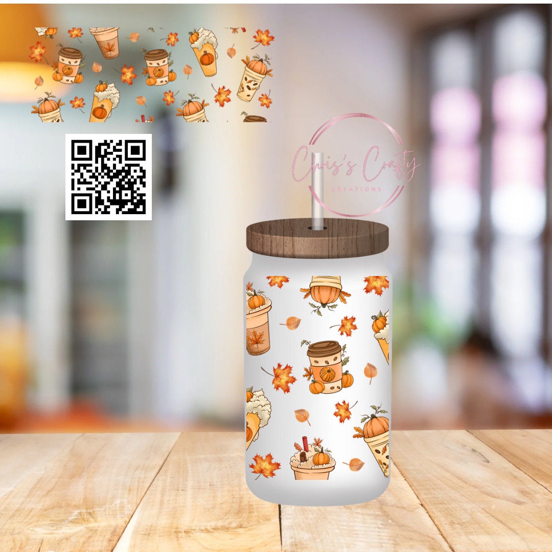 UVDTF Wrap Fall Iced Coffee for 16oz Can Glass Mug Tumbler, Ready to apply, Permanent Waterproof Adhesive