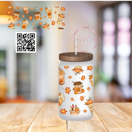 UVDTF Wrap Fall Iced Coffee for 16oz Can Glass Mug Tumbler, Ready to apply, Permanent Waterproof Adhesive