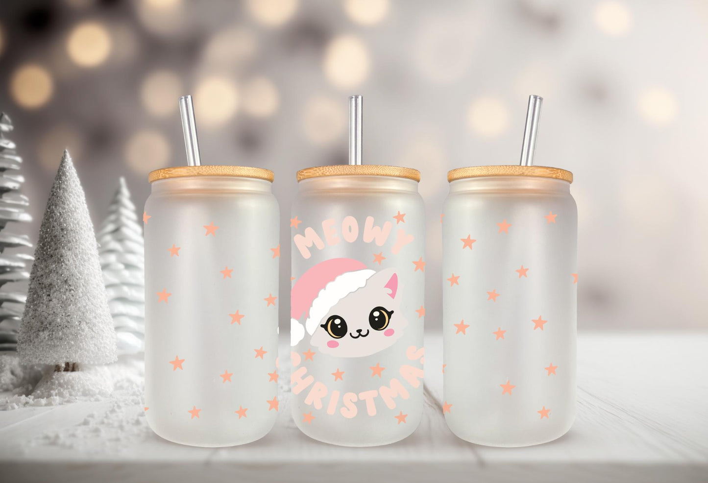 UVDTF Wrap Meowy Christmas's Cat 16oz Can Glass, Mug, Tumbler, Cat Wrap, Ready to Apply, Waterproof Permanent Adhesive