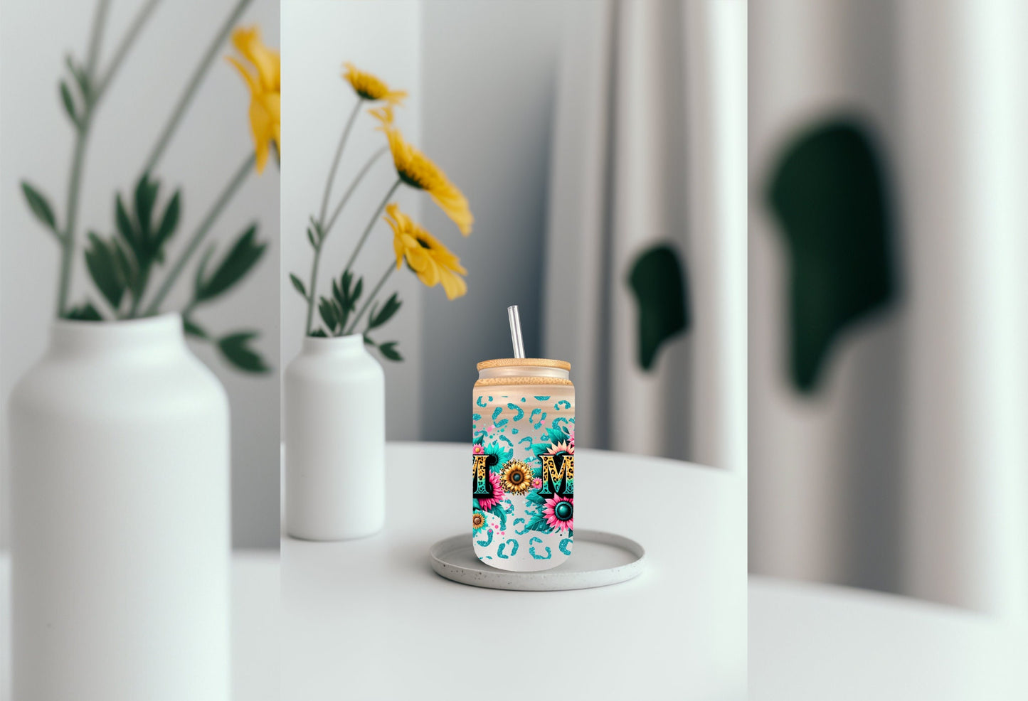 UVDTF Wrap Mom Floral 16oz Can Glass Mug Tumbler, Ready to apply, Permanent Adhesive Waterproof