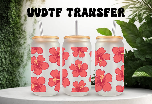 UVDTF Wrap Hibiscus Tropical Flower 16oz Can Glass Mug Tumbler, Tropical wrap, Ready to apply, Permanent Adhesive Waterproof