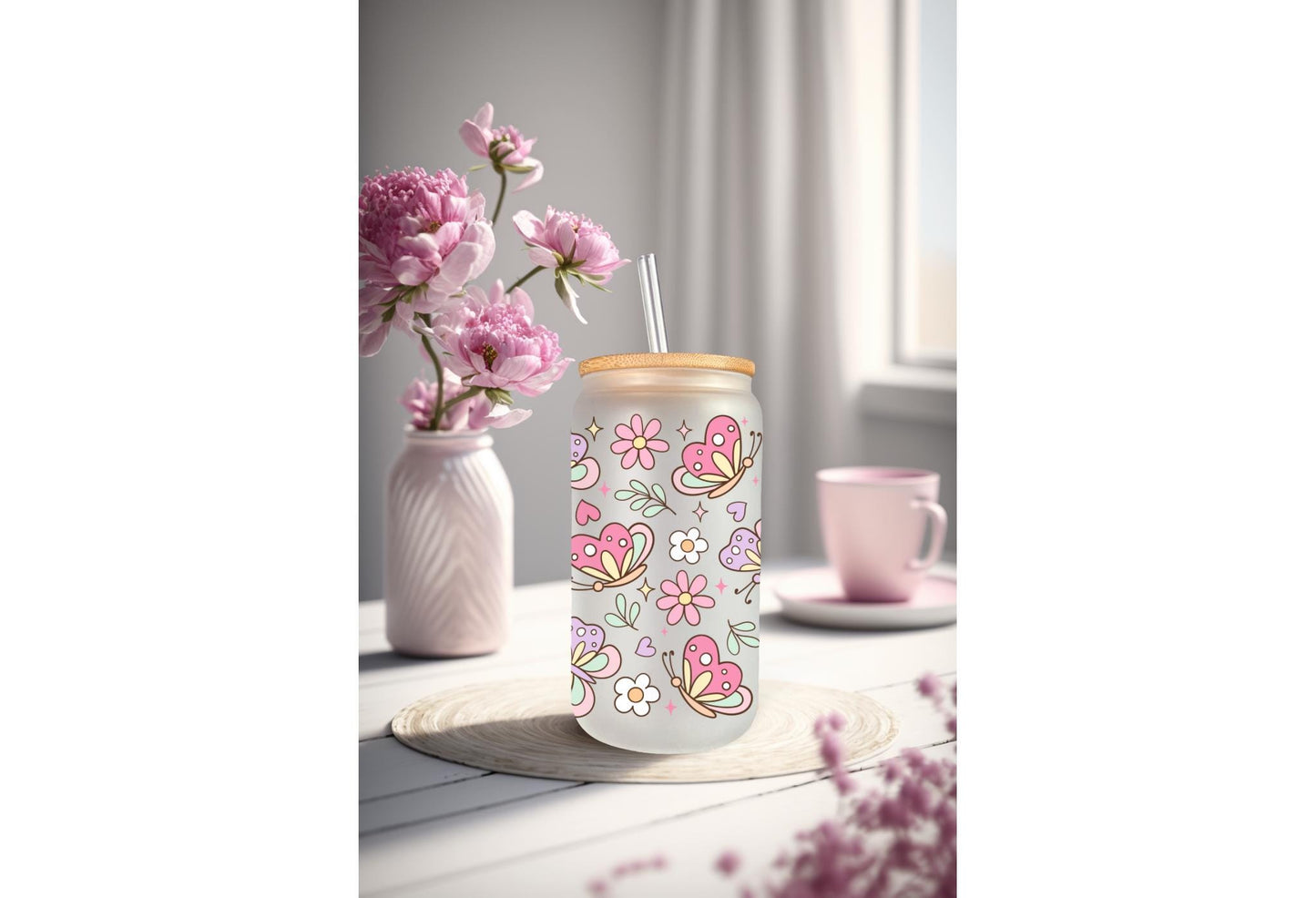 UVDTF Wrap Butterfly Daisy 16oz Can Glass Mug Tumbler, Butterfly Wrap, Ready to apply, Permanent Waterproof Adhesive