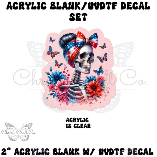 Acrylic Blank Patriotic Skeleton Girl Set with UVDTF Decal, DIY Badge Reels, Bow Blank UVDTF sticker, Unfinished Badge Reel