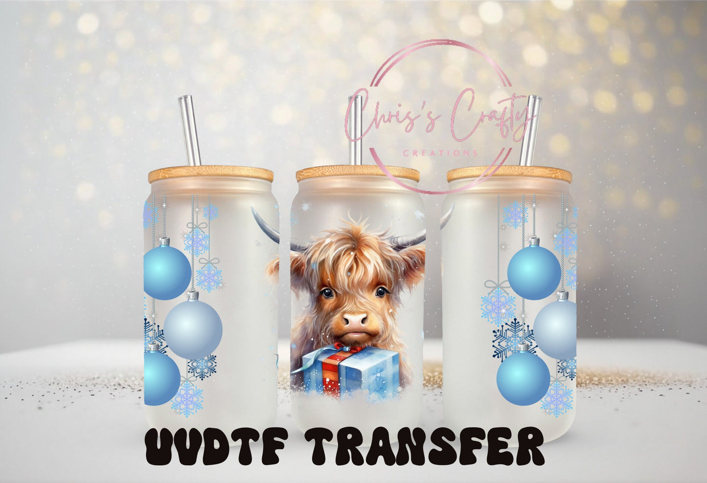 UVDTF Wrap Highland Cow Blue Ornaments for 16oz Can Glass, Mug, Tumbler, Ready to Apply, Permanent Waterproof Adhesive