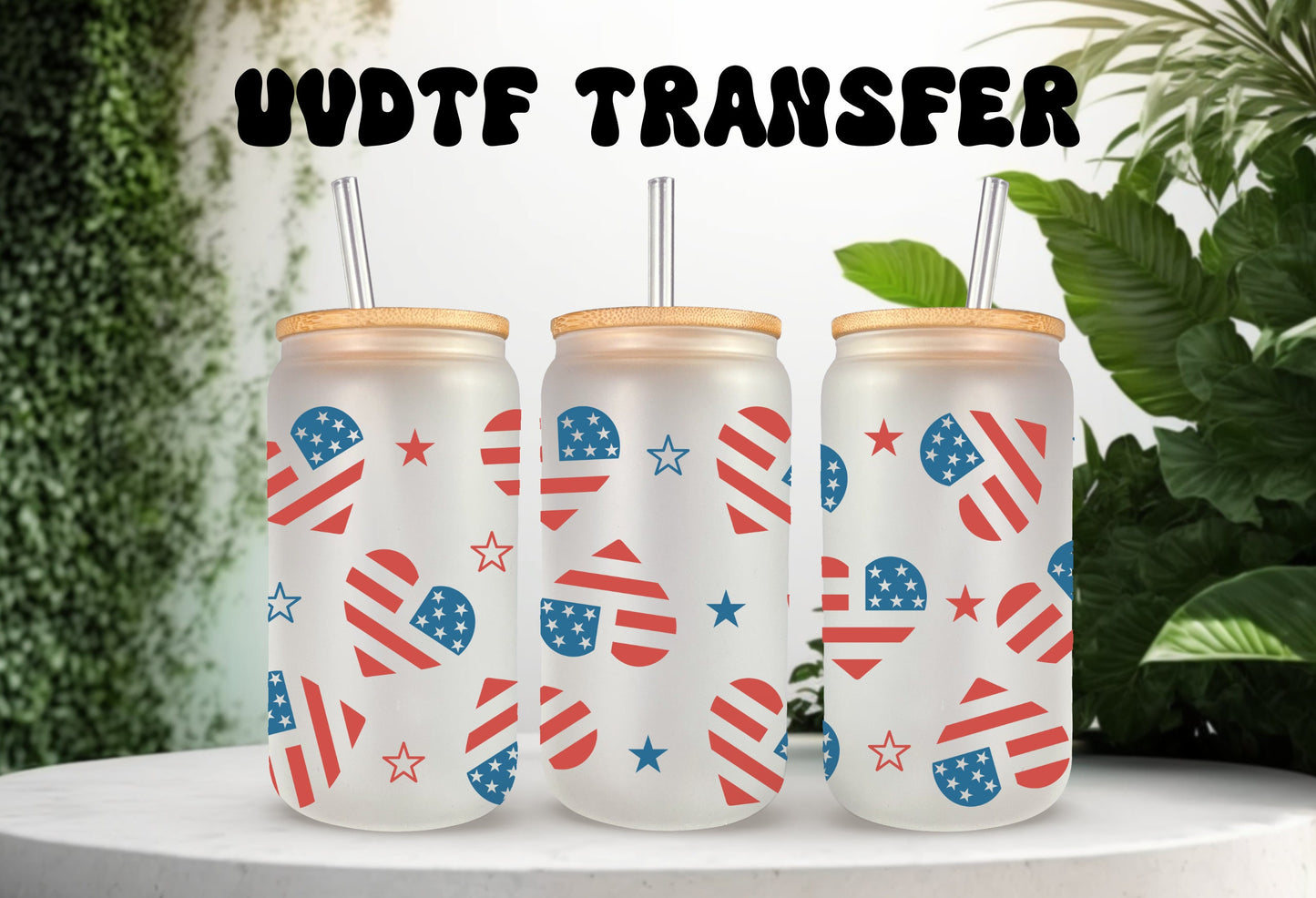 Patriotic Mug Wrap - 16oz Glass Tumbler with Waterproof Flag Heart Design